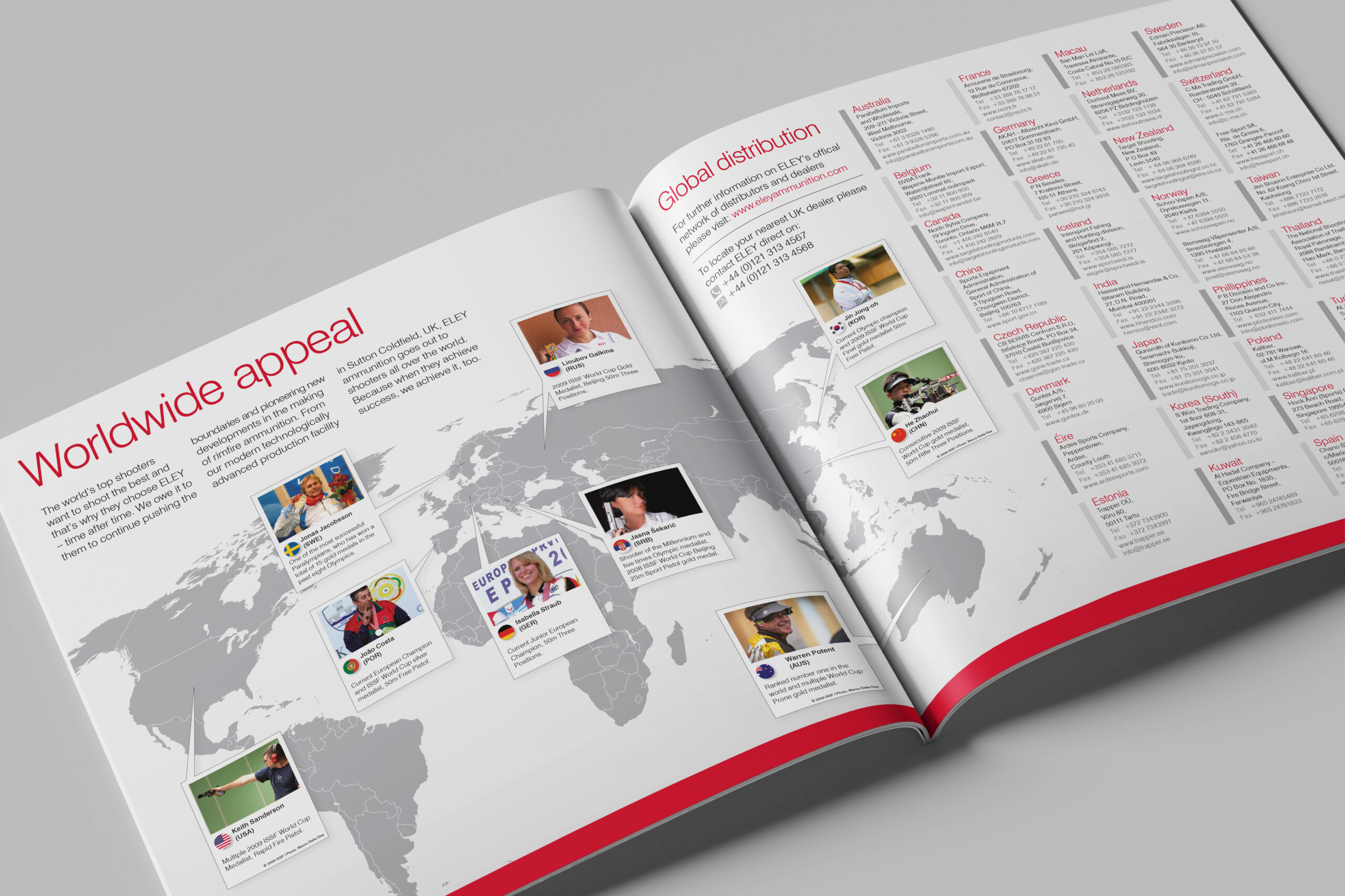 Double page spread from Eley 2011 Worldwide brochure showing a world map labelled with top-level shooters from different countries around the world. On the right-hand side there is a list of Eley suppliers grouped by country.