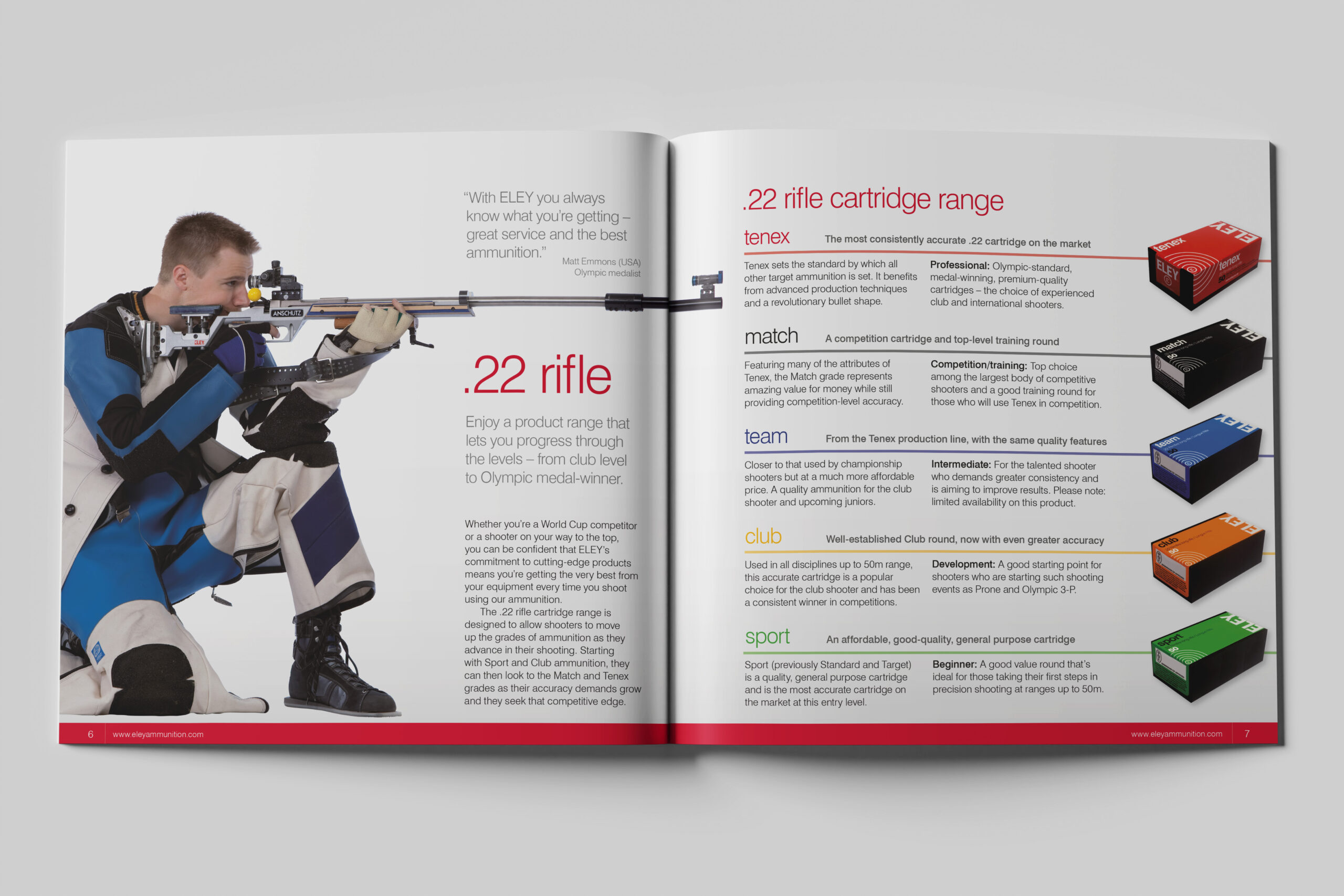 Double page spread from the Eley 2010 Worldwide catalogue. The spread shows a profile image of a competitive rifle shooter taking aim on the left hand side. The right hand side shows boxes of each Eley .22 rifle cartridge product alongside descriptions.