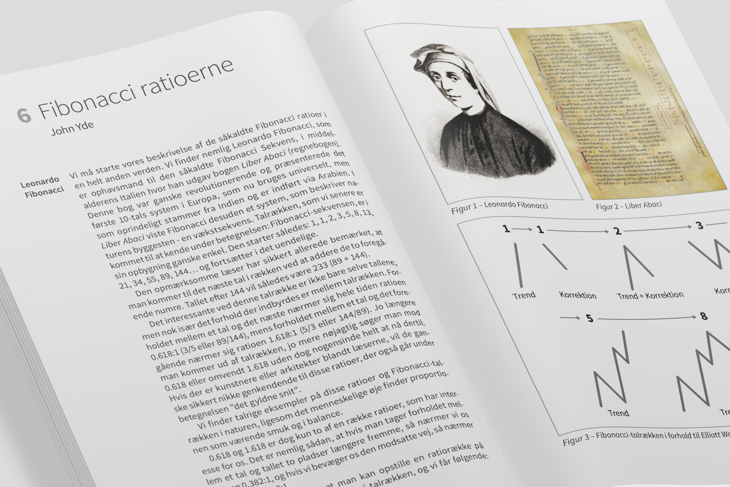 A close-cropped image of a double page spread from Finansielle Markedsanalysers Anatomi. On the right-hand page are images of Fibonnaci, a sample page from his works and a schematic diagram.