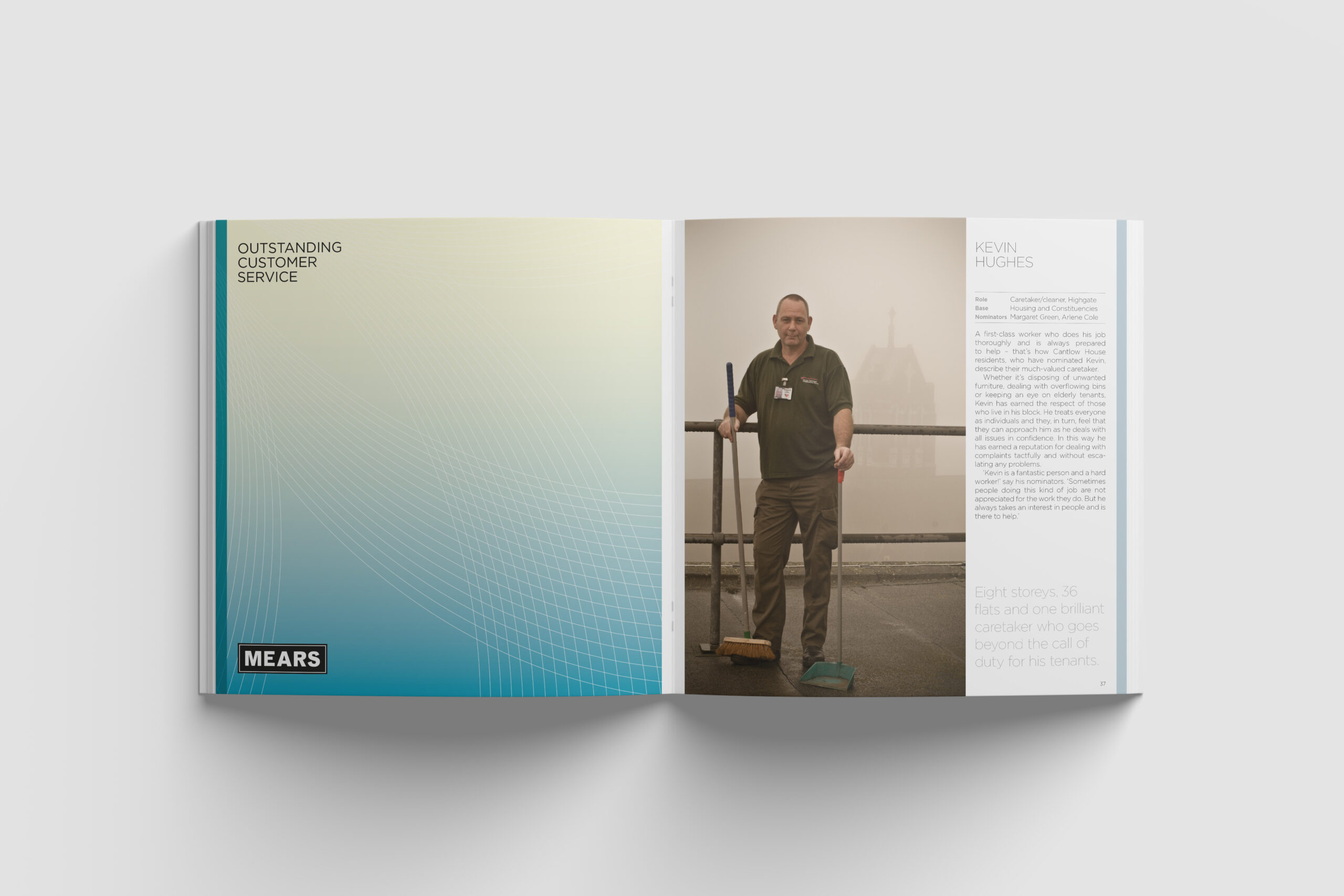 Double-page spread from the 'Outstanding Customer Service' category in the Chamberlain Awards 2008 brochure. The category name is on the left hand side of the spread against a light blue background. The left-hand side contains an image and interview with finalist Kevin Hughes