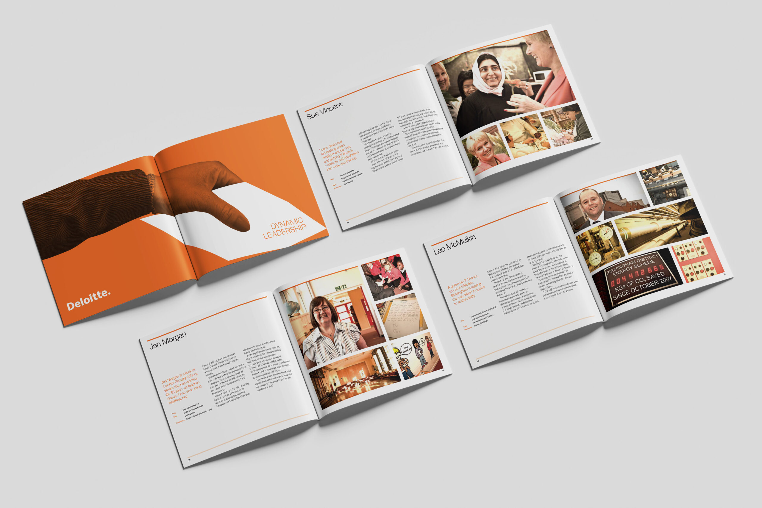 A selection of double page spreads from the Chamberlain Awards 2009 brochure are arranged in a grid. The left hand side of each spread contains the finalist's name and story, with various reportage-style photographs of the finalist in their workplace arranged in a grid on the right-hand side.