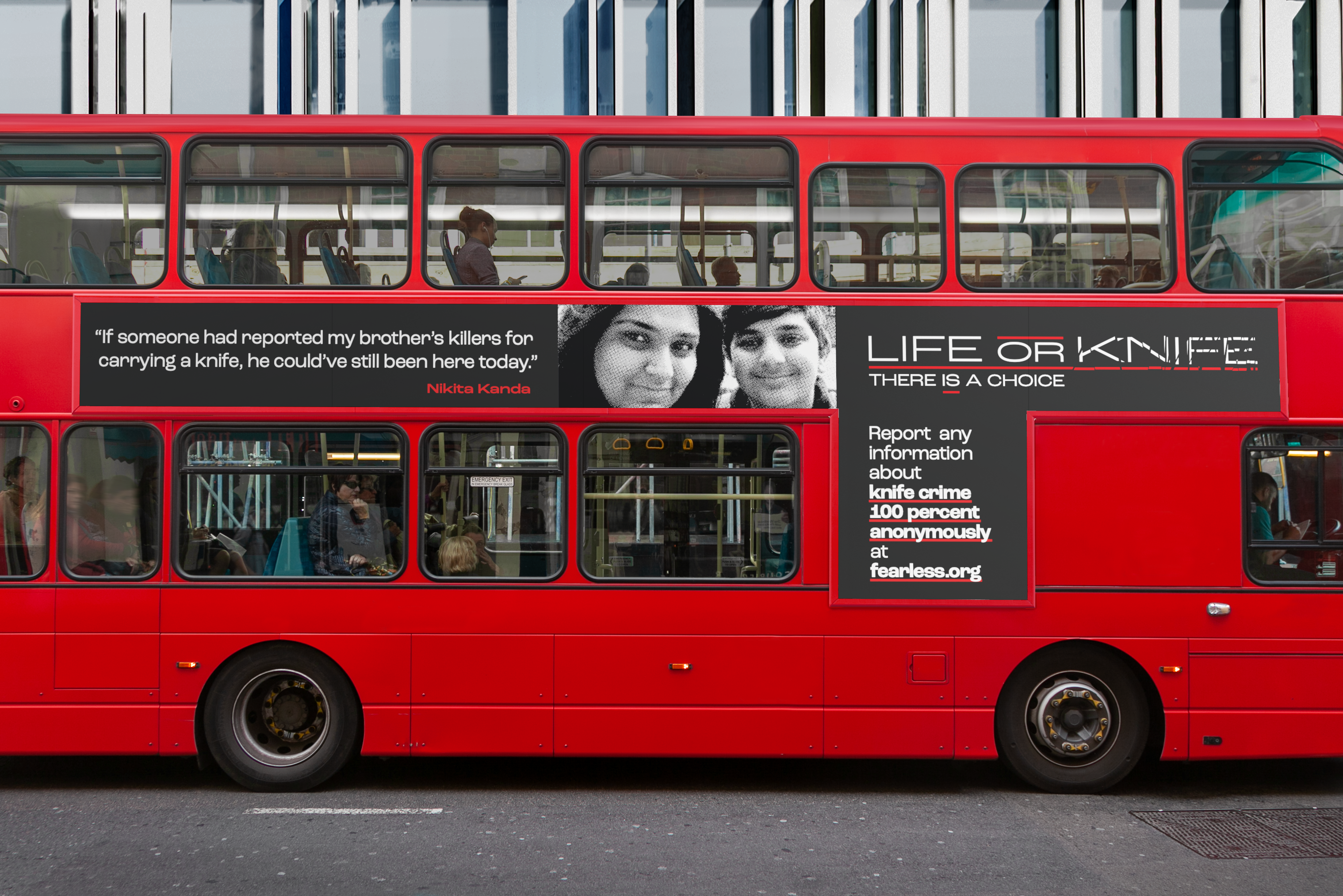 Side-on image of a red double-decker bus featuring an image of Nikita and Ronan Kanda, along with a quote from Nikita and a large call-to-action to prompt anonymous crime reporting