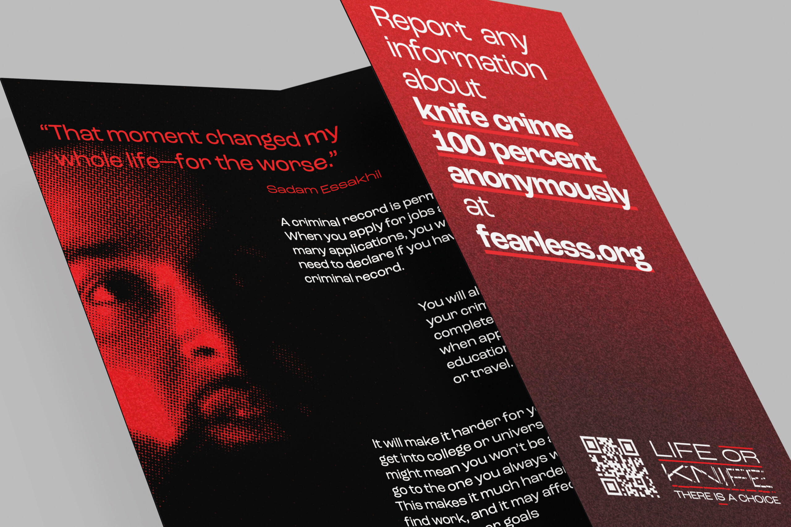 Life or Knife folded DL brochure for use in education packs. The leaflet shows an image and quote from convicted murderer Sadam Essakhil along with text explaining the impact of having a criminal record