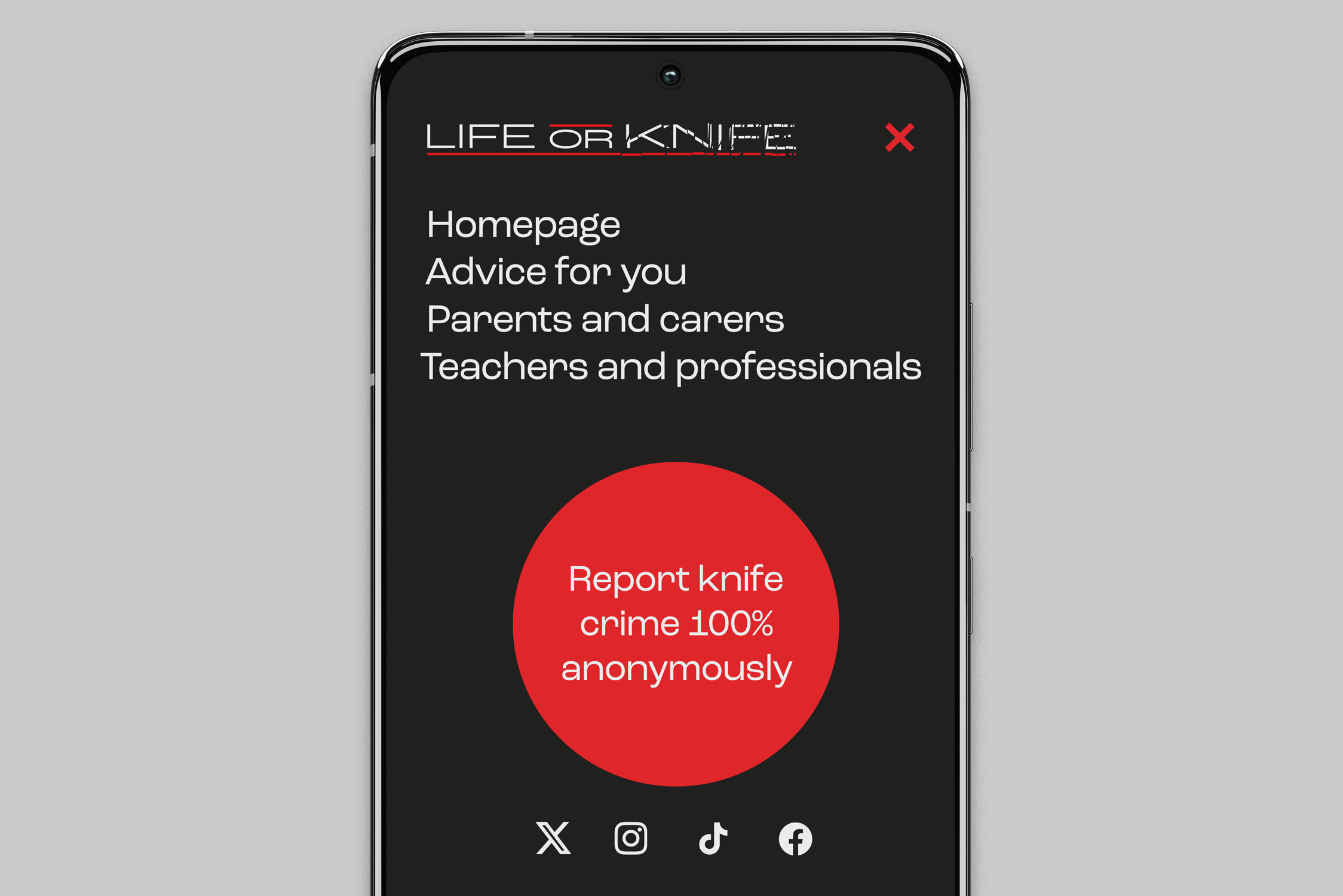 Image of smartphone displaying a proposed mobile navigation for the Life or Knife website. At the centre of the navigation is a prominent red circle with the text prompt 'Report knife crime 100% anonymously'