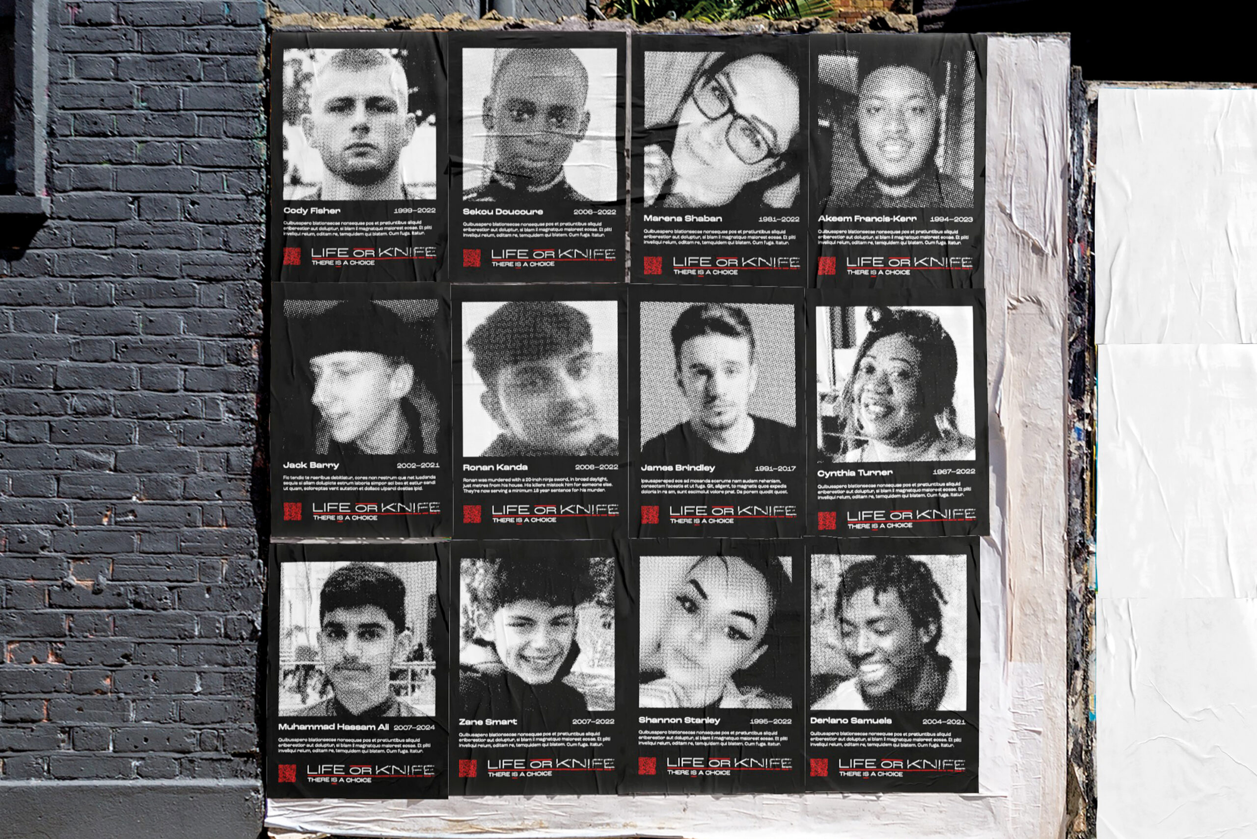 A block of 12 posters is wheatpasted to a hoarding on an urban street. Each poster shows a black and white image of a knife crime victim, with their name, age and story.