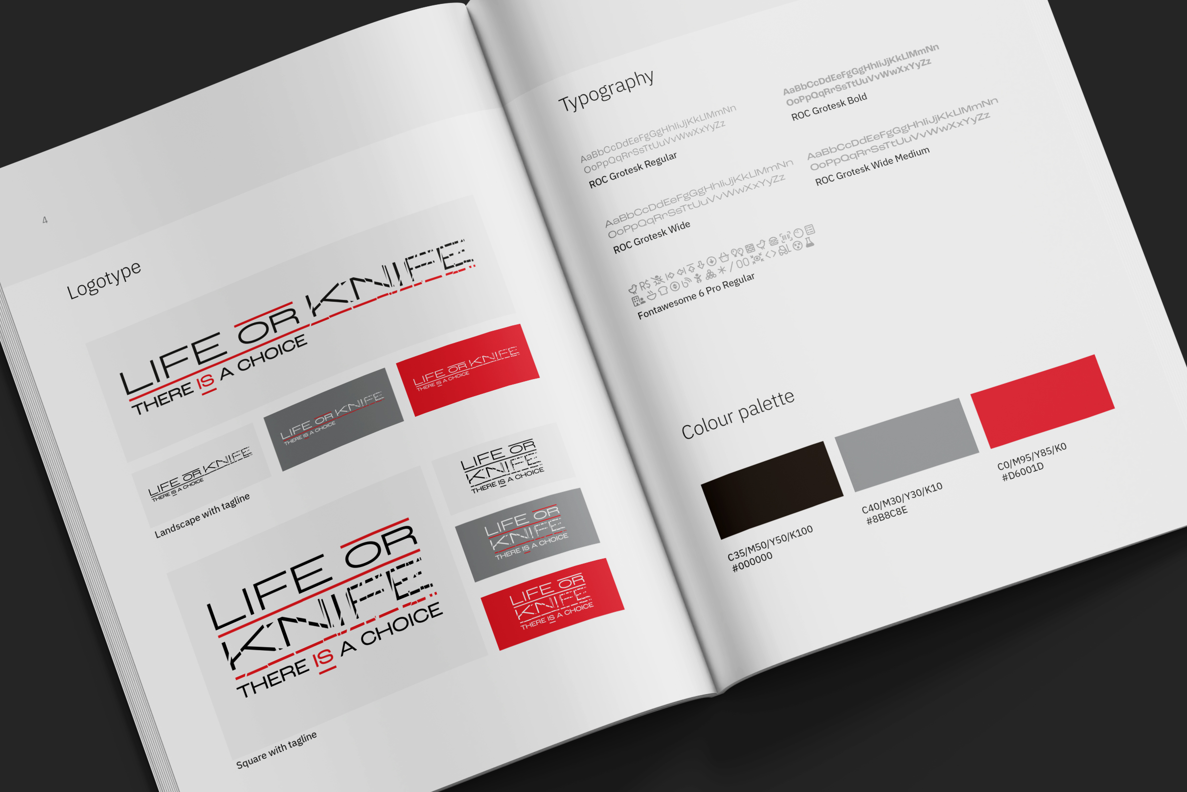 Image of double-page spread from brand proposal document. Life or Knife logo variants in landscape and square formats are displayed on the left-hand side of the spread. On the right are typographic samples and colour swatches.