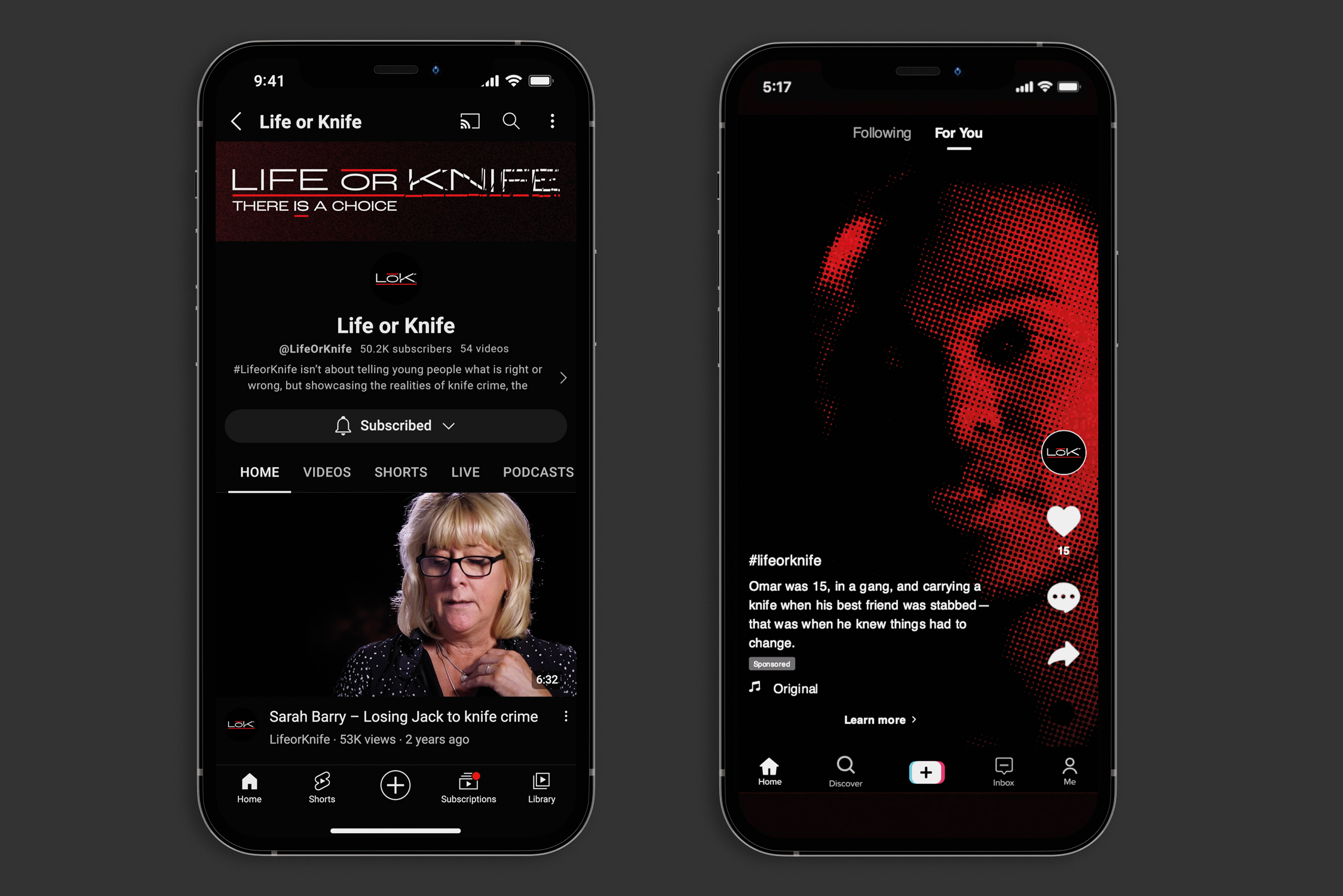 Image of two mobiles side by side. The left-hand phone displays a Life or Knife branded YouTube channel, with a video interview with the mother of a knife crime victim. The right hand mobile displays a TikTok advert utilising an interview with a former gang member.