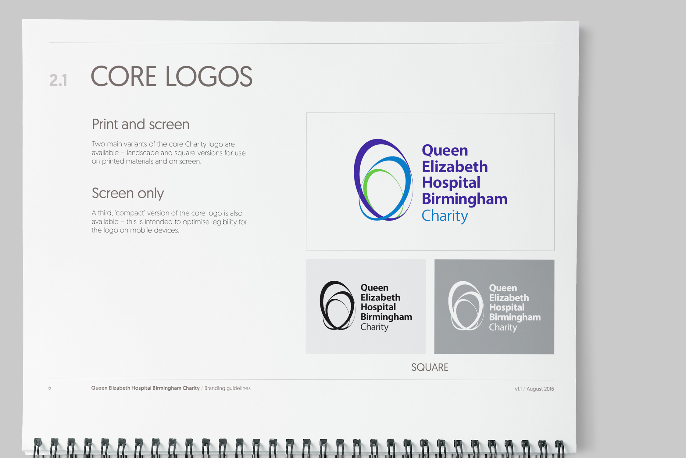 Spread from the 'Core Logos' section of the charity's new brand guidelines, showing the 'Square' variant
