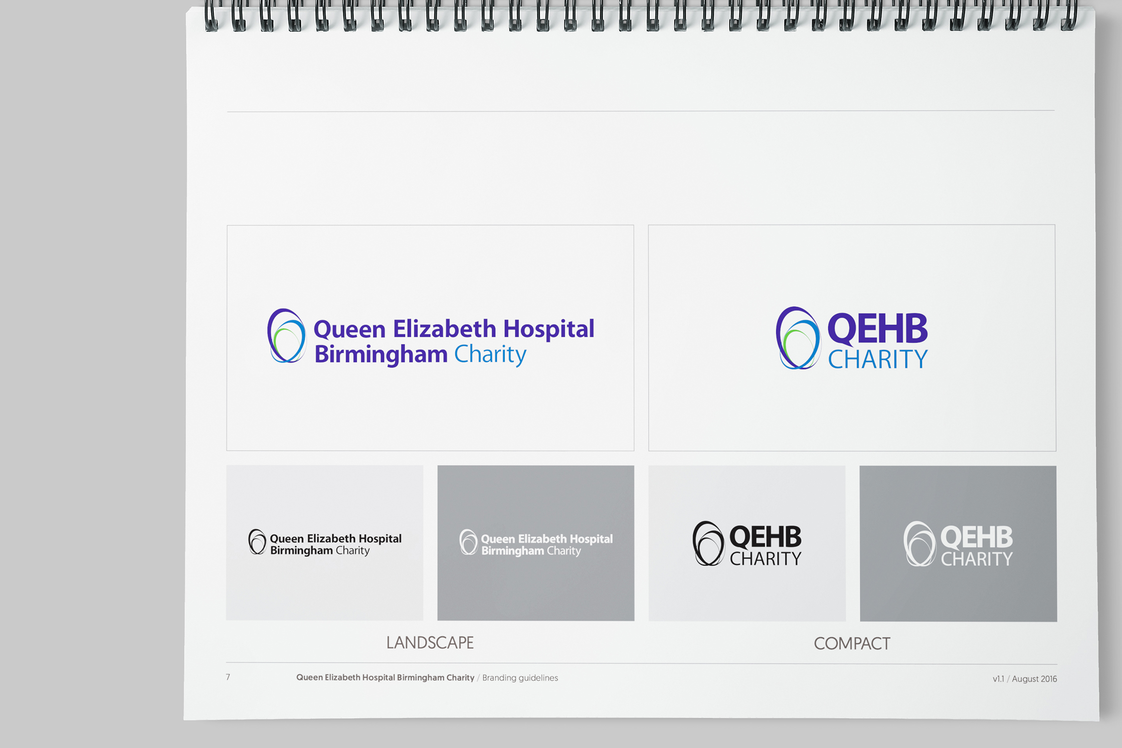 Spread from the 'Core Logos' section of the charity's new brand guidelines, showing the 'Landscape' and 'Compact' variants