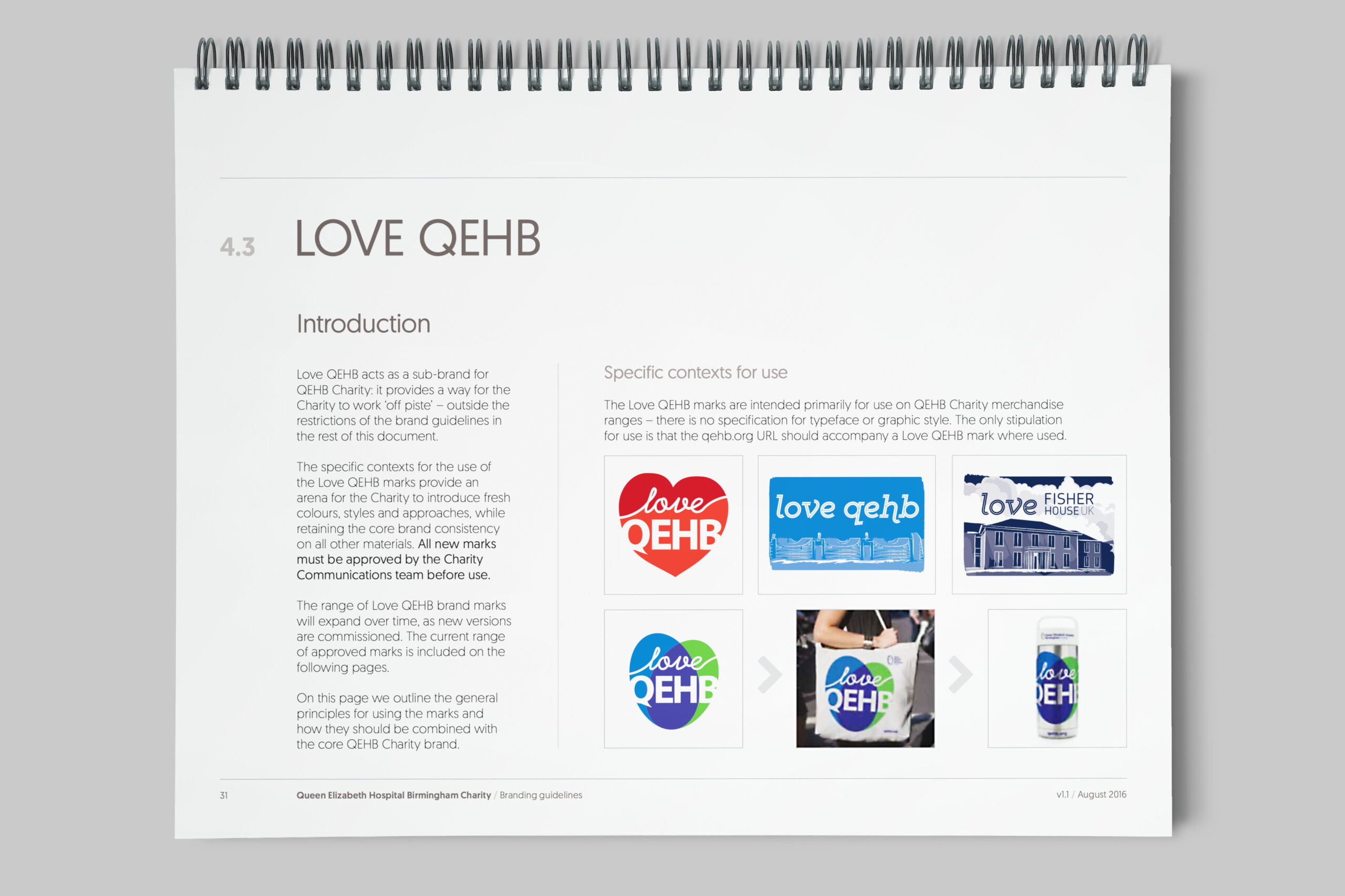 Spread from the 'Love QEHB' sub-brand section of the brand guidelines, showing the variety of marks developed for use on fundraising merchandise