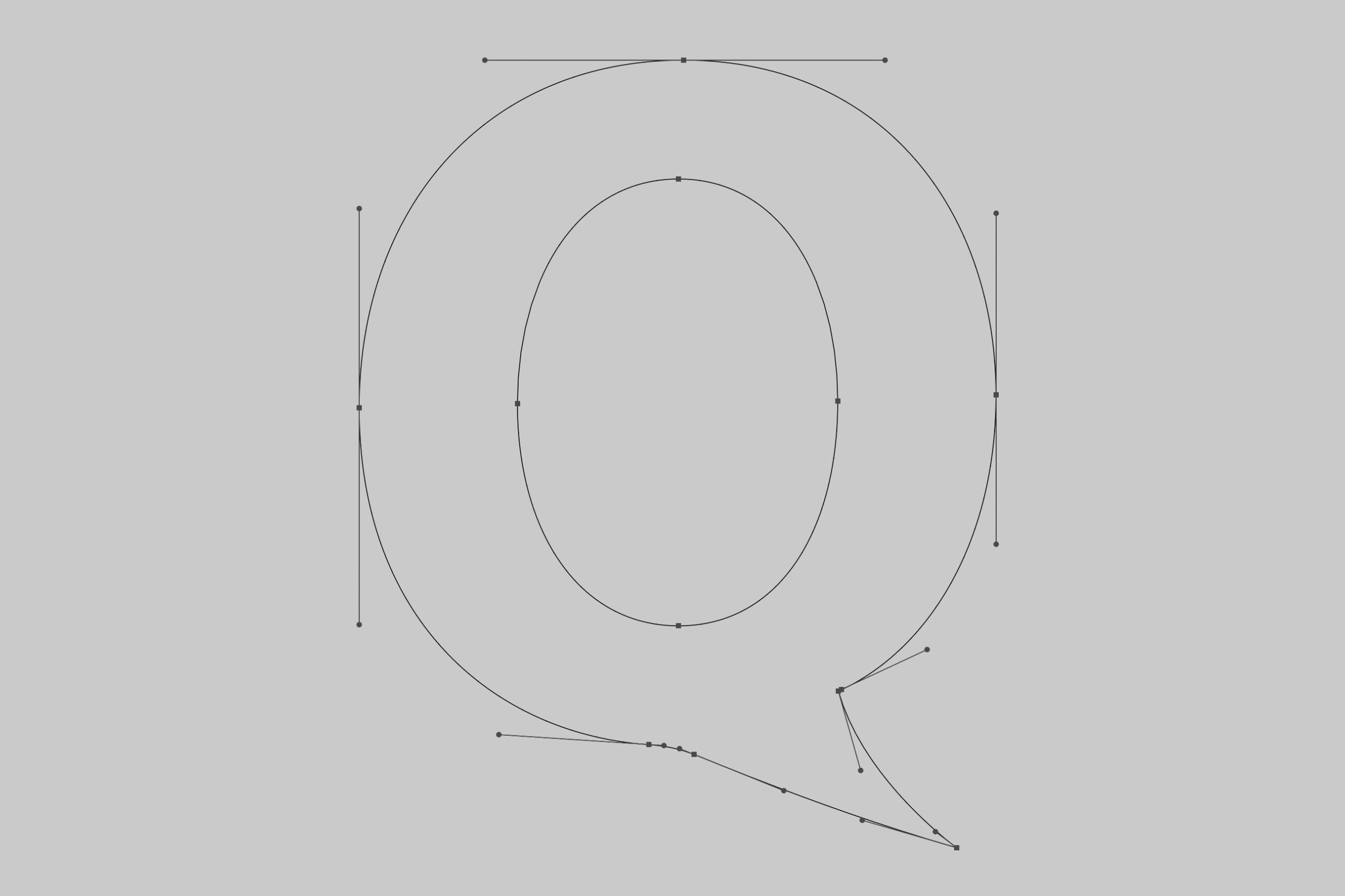 A wireframe image of the customised 'Q' letterform developed for the new brand. The tail of the upper-case 'Q' has been redrawn to form a hook-shape, reminiscent of a cartoon speech bubble.