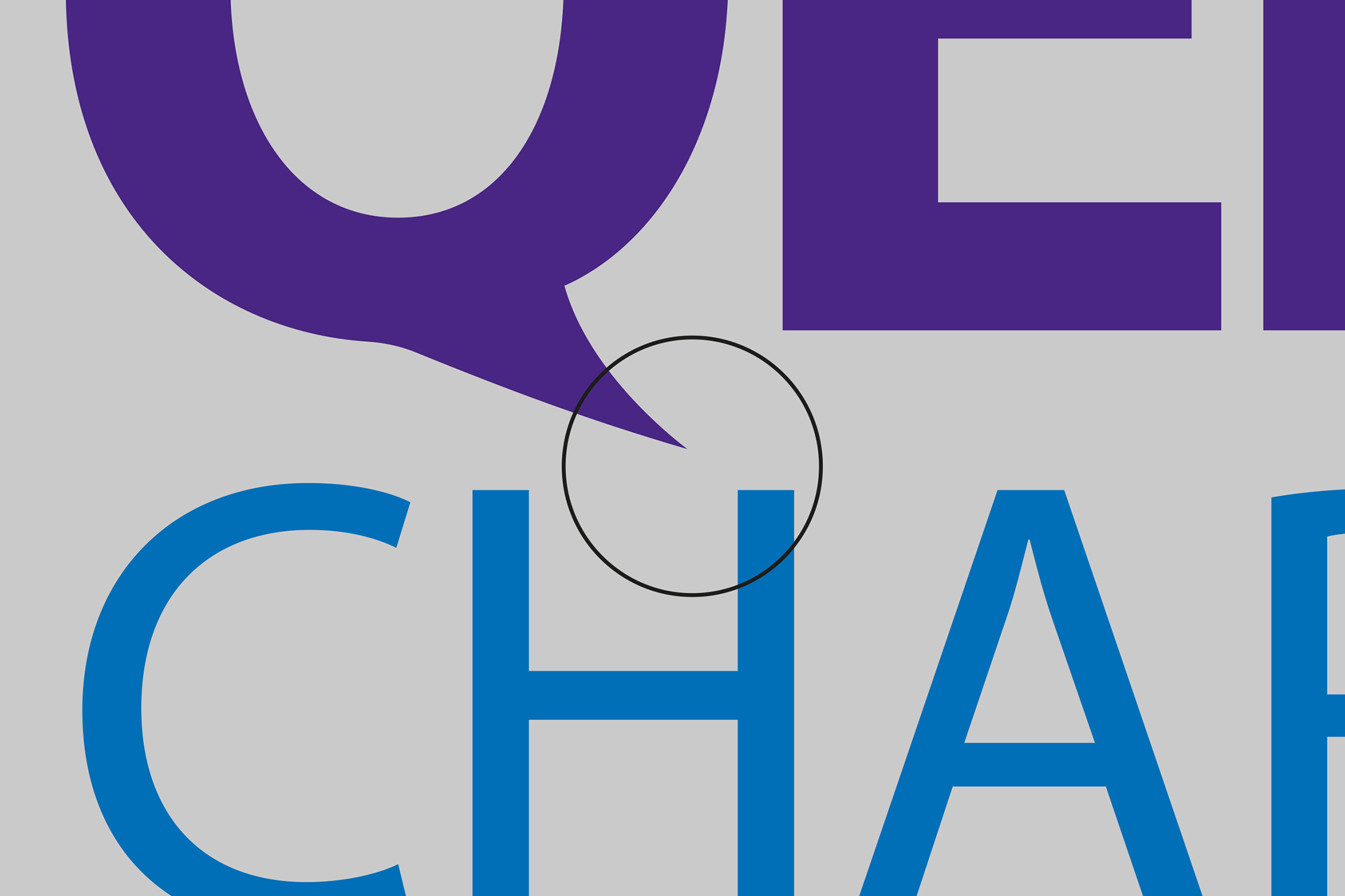 A close-up image showing the customised 'Q' character in place on the 'Compact' logo variant. A thin circle indicates the redrawn letter shape and how it interacts with the rest of the logo.