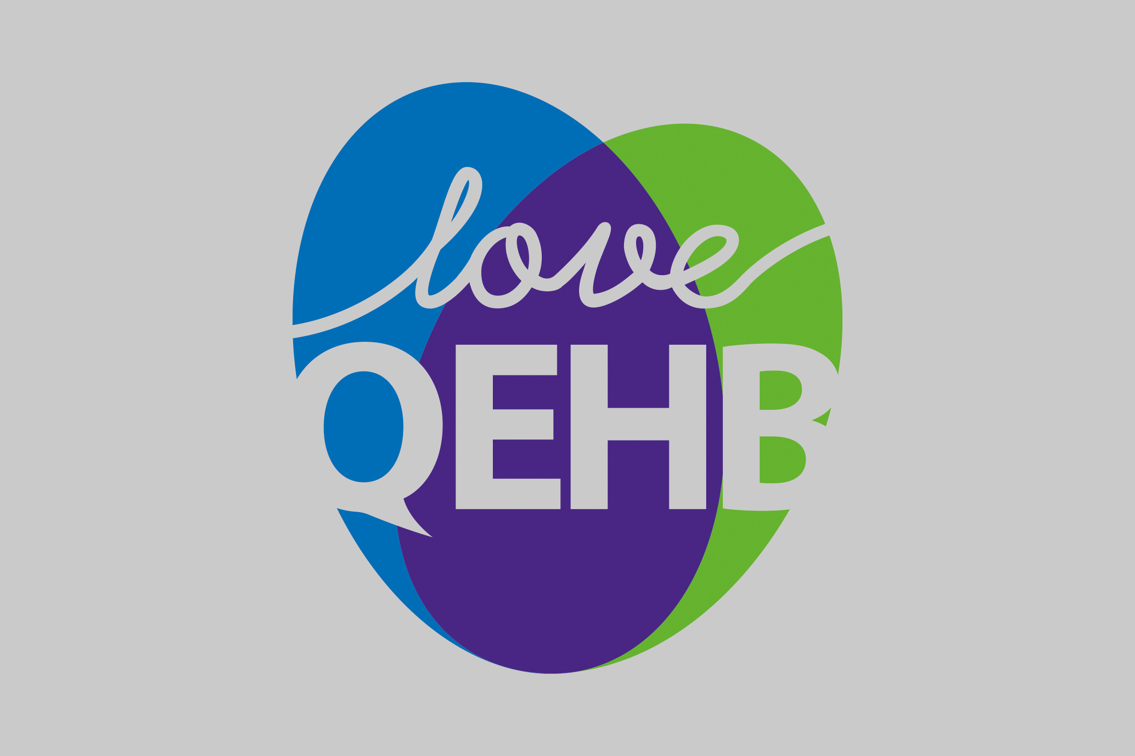 The 'QEHB Heart' sub-brand, consisting of green and blue overlapping ovals forming a heart shape. Overlaid on the heart are the words 'Love QEHB'